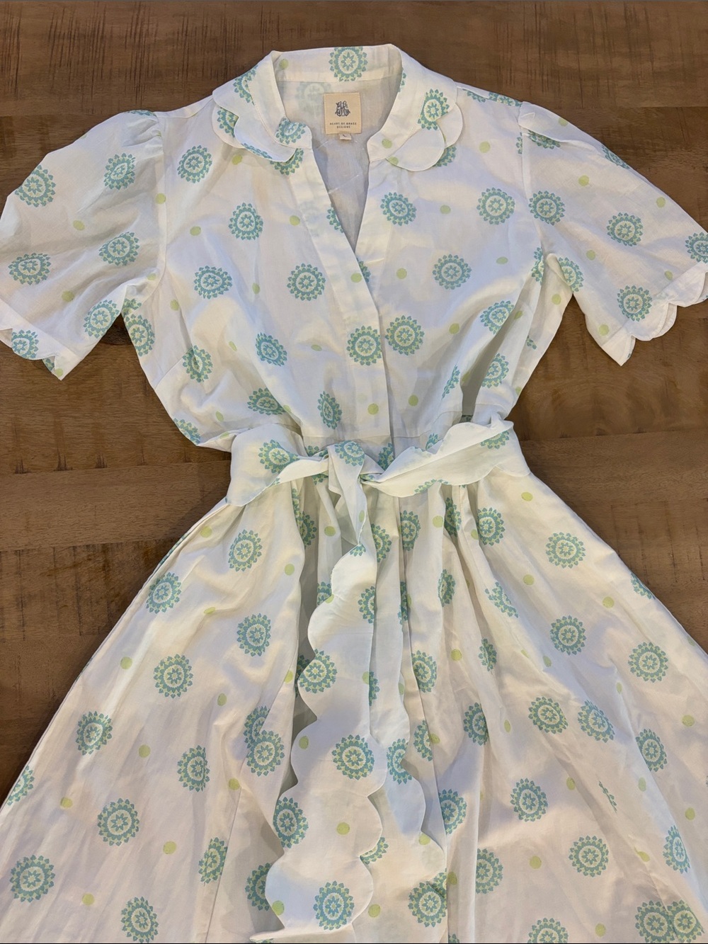 Heart of Grace Designs Blockprint Lightweight Dress Scallop Trim Large NWOT